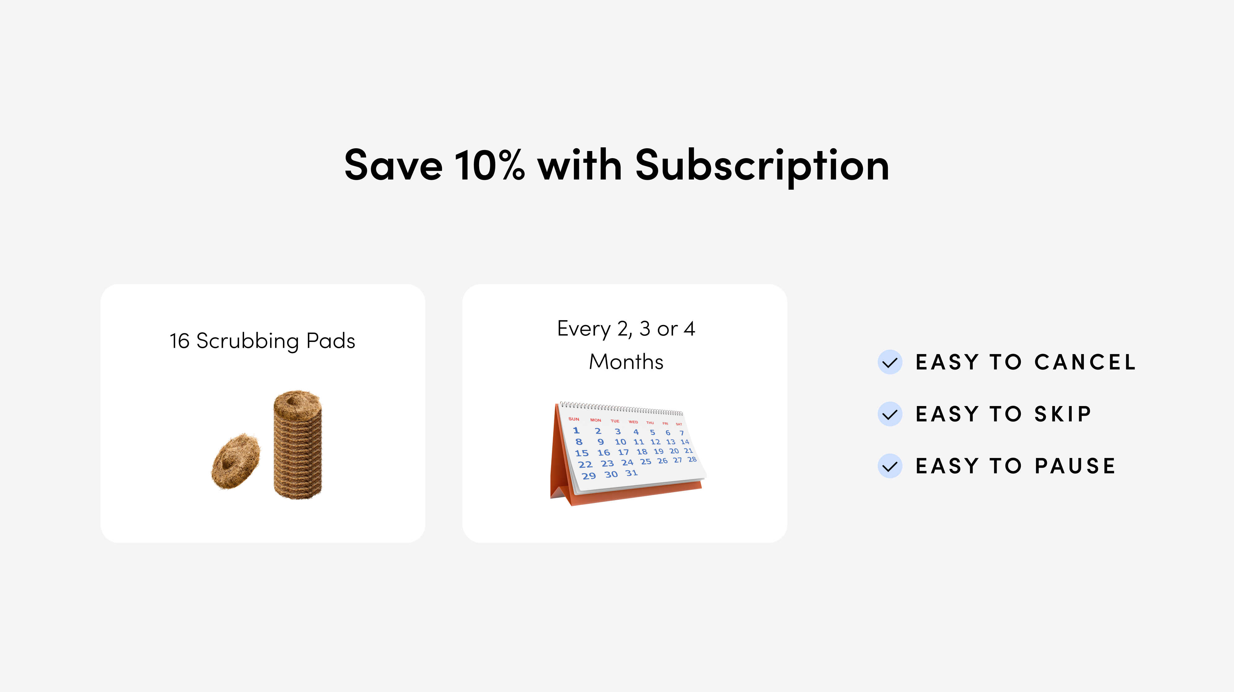 Promotional graphic for a 10% off subscription offer with 16 scrubbing pads every 2, 3 or 4 months. Easy to cancel. Easy to Skip. Easy to Pause.