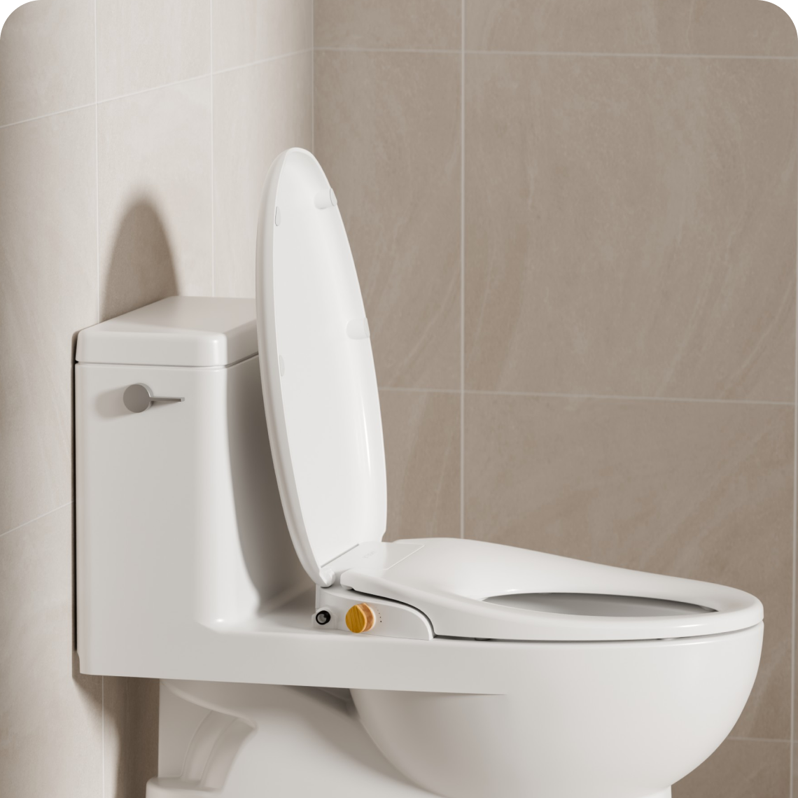 Side view of a Tushy WAVE toilet seat bidet installed on a white toilet in a beige tile bathroom