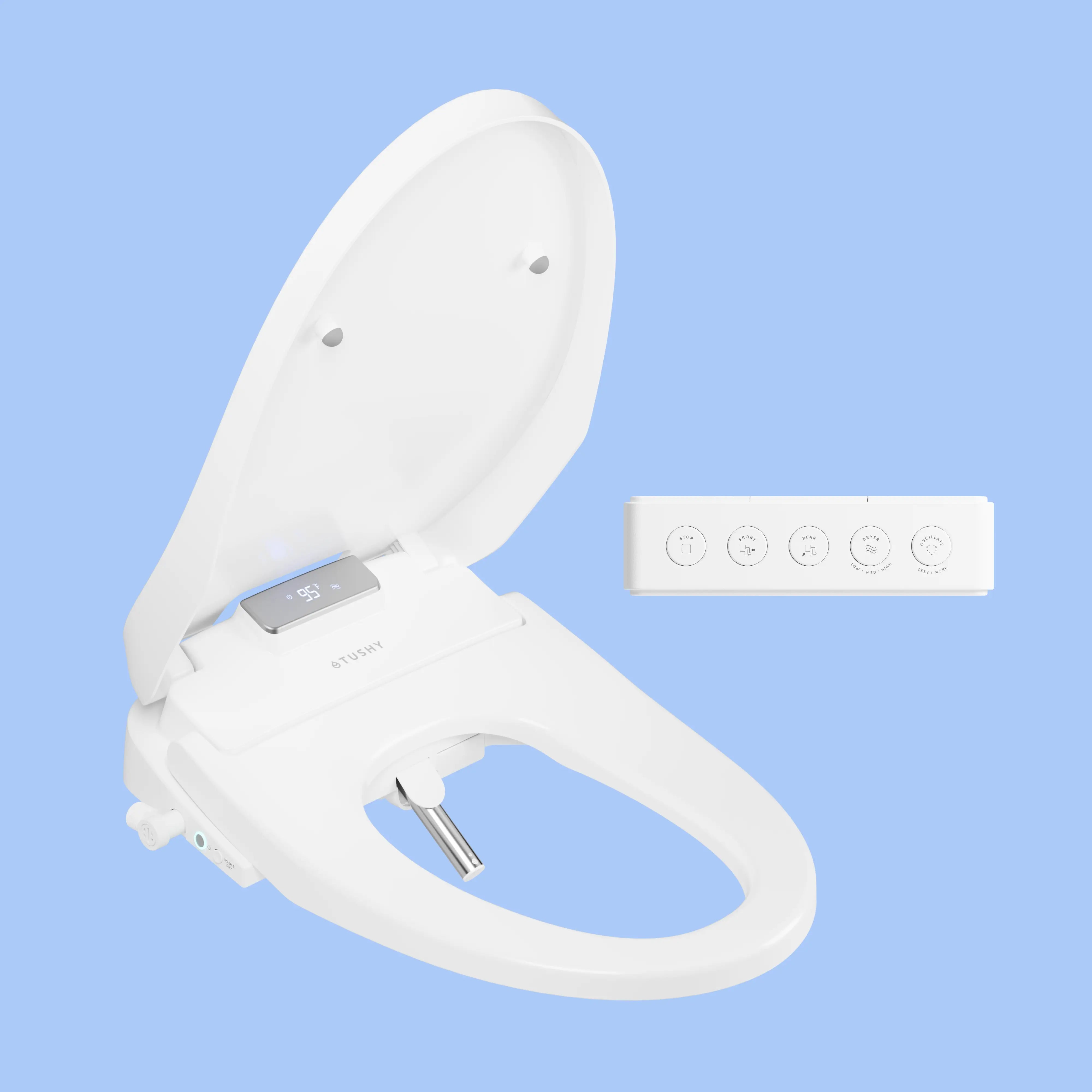 White TUSHY Aura bidet seat, with remote control, on a blue background
