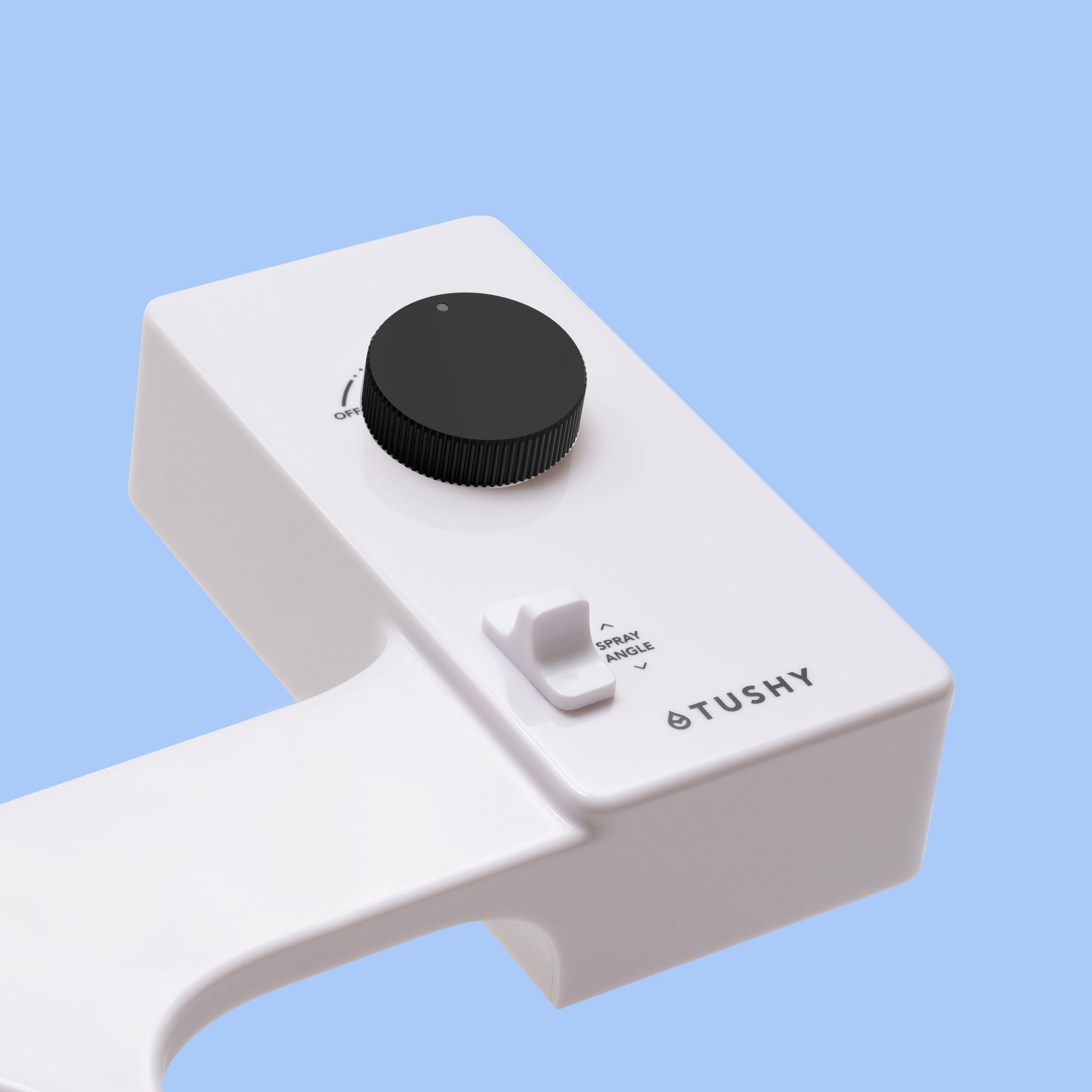White bidet attachment with a black control knob and a spray angle adjustment lever.