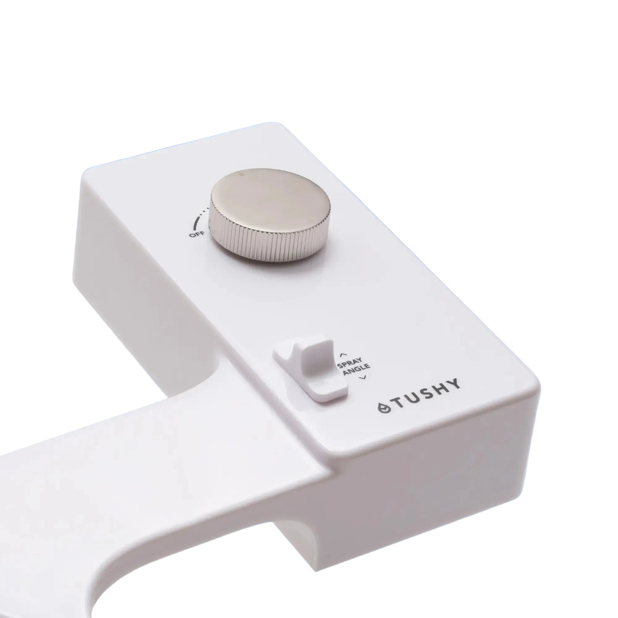 White 'TUSHY' Classic console, with a platinum pressure control knob, on a light blue background