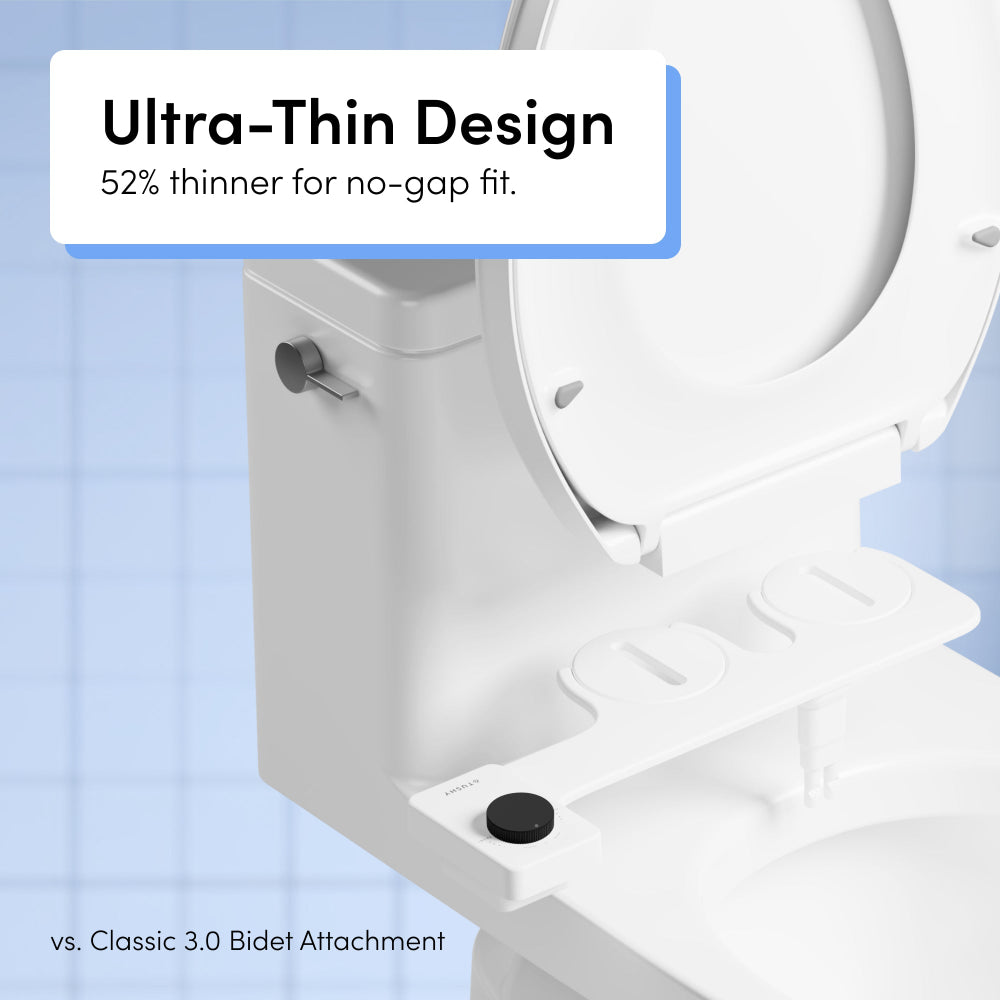 Tushy attachment with text "Ultra-Thin Design. 52% thinner for no-gap fit.." on a light blue background