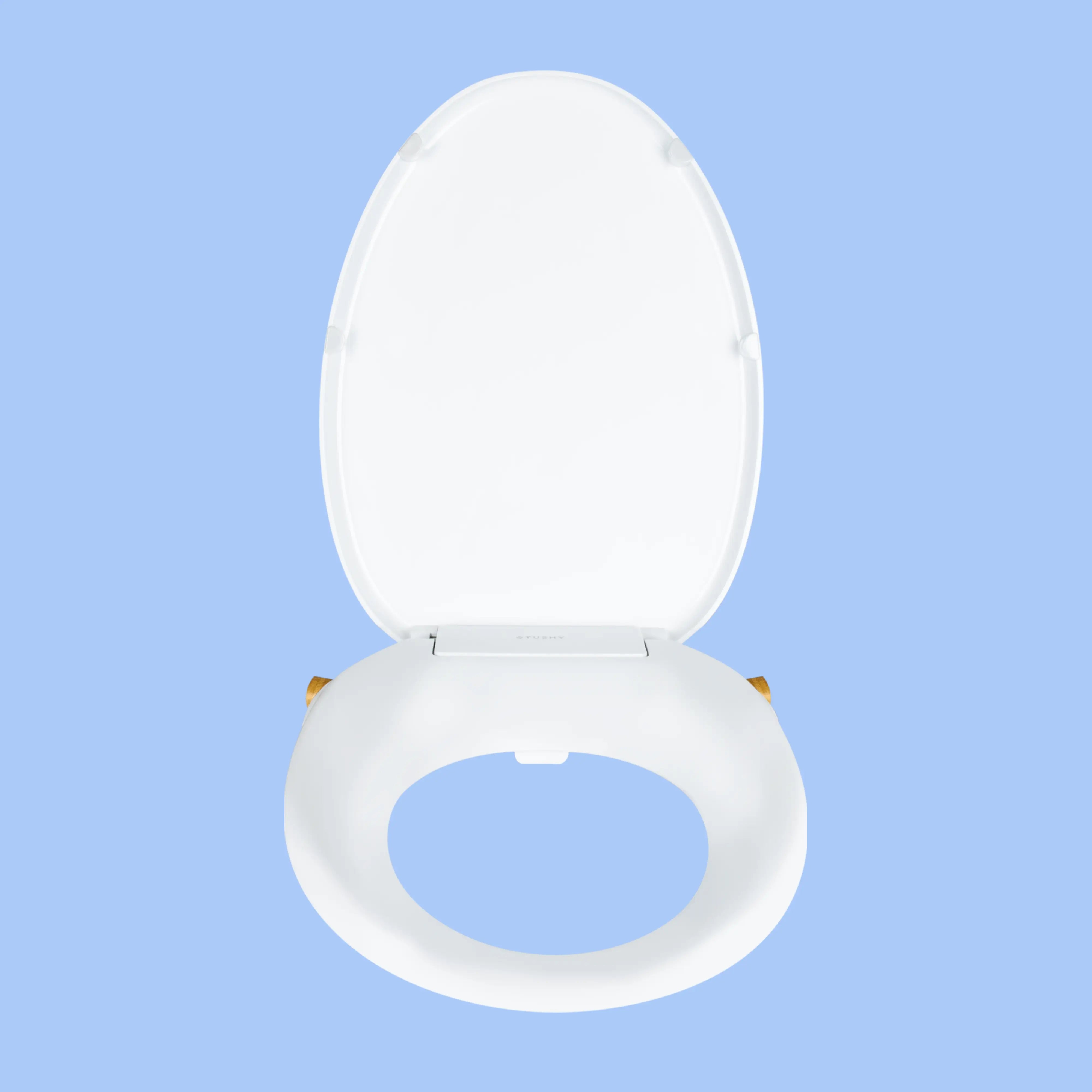 Front view White TUSHY Oasis bidet seat, with bamboo control knobs, on a blue background