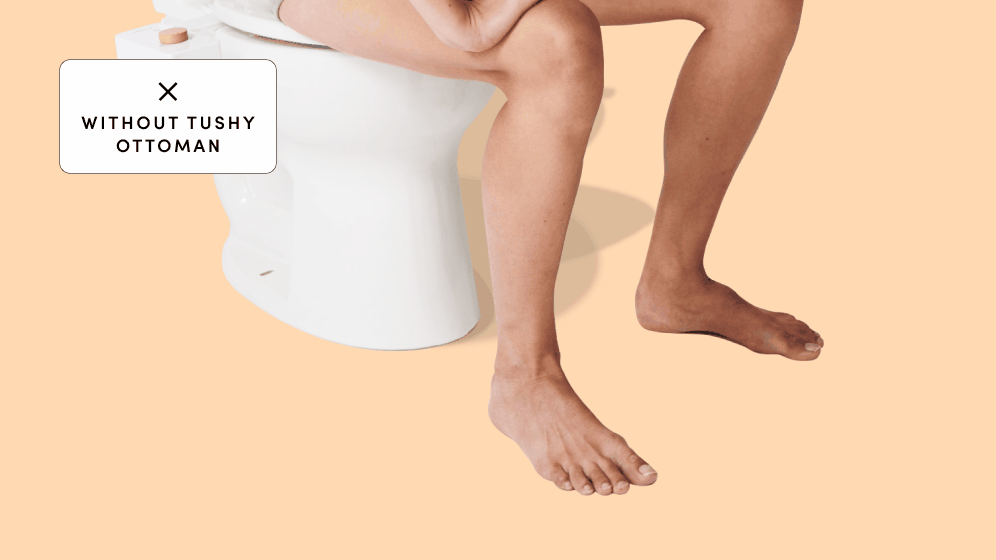 Animated view of someone's legs, sitting on a toilet, alternating between their leg position with and without the Tushy Ottoman