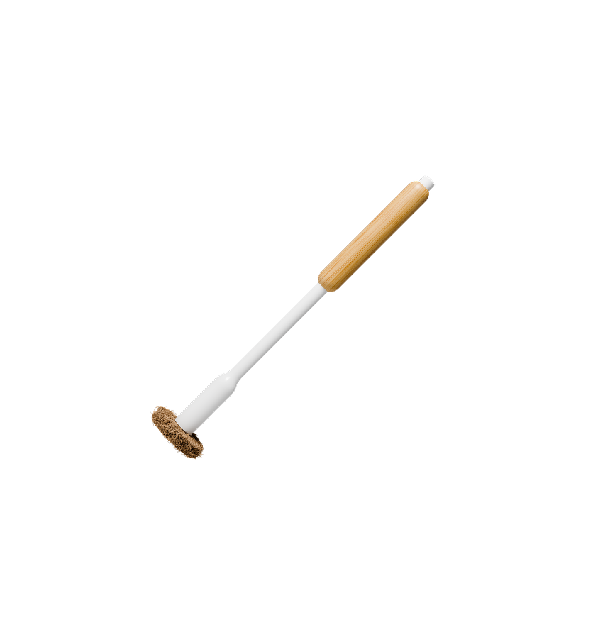 White toilet brush with wooden handle and coconut husk pad