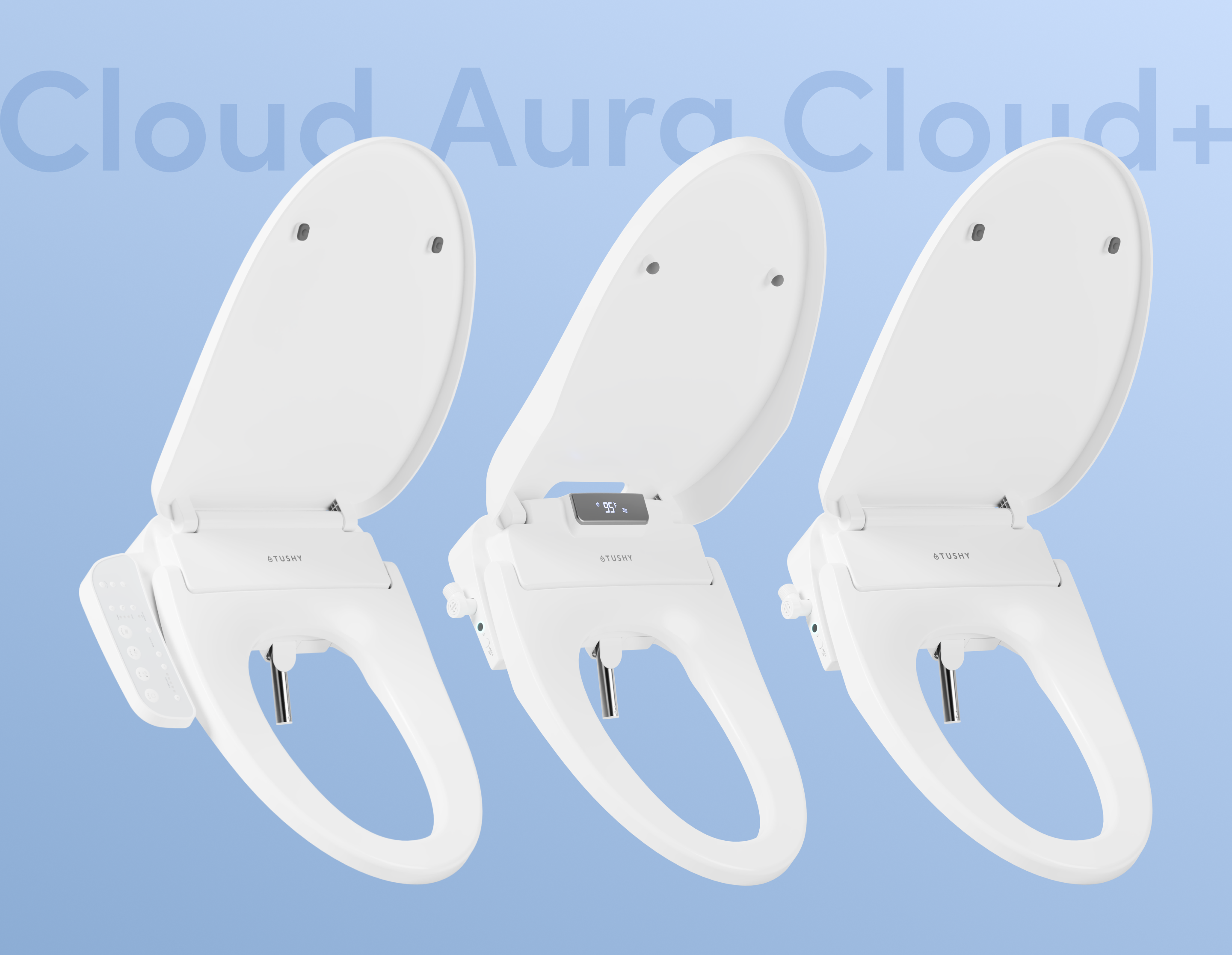 Three white toilet seat bidets with 'Cloud Aura Cloud+' branding above them, on a light blue background