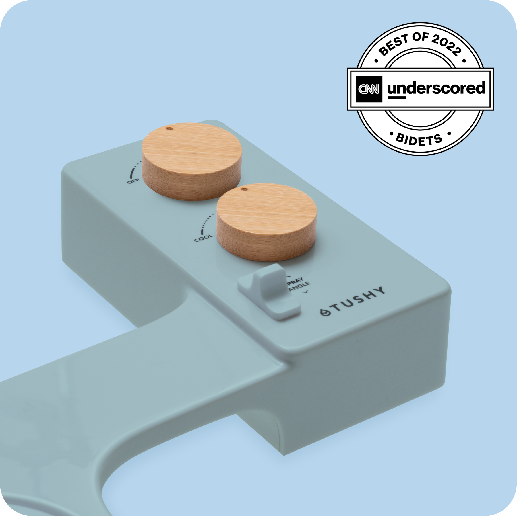 Tushy Spa 3.0 Blue/Bamboo - a warm water bidet attachment by TUSHY