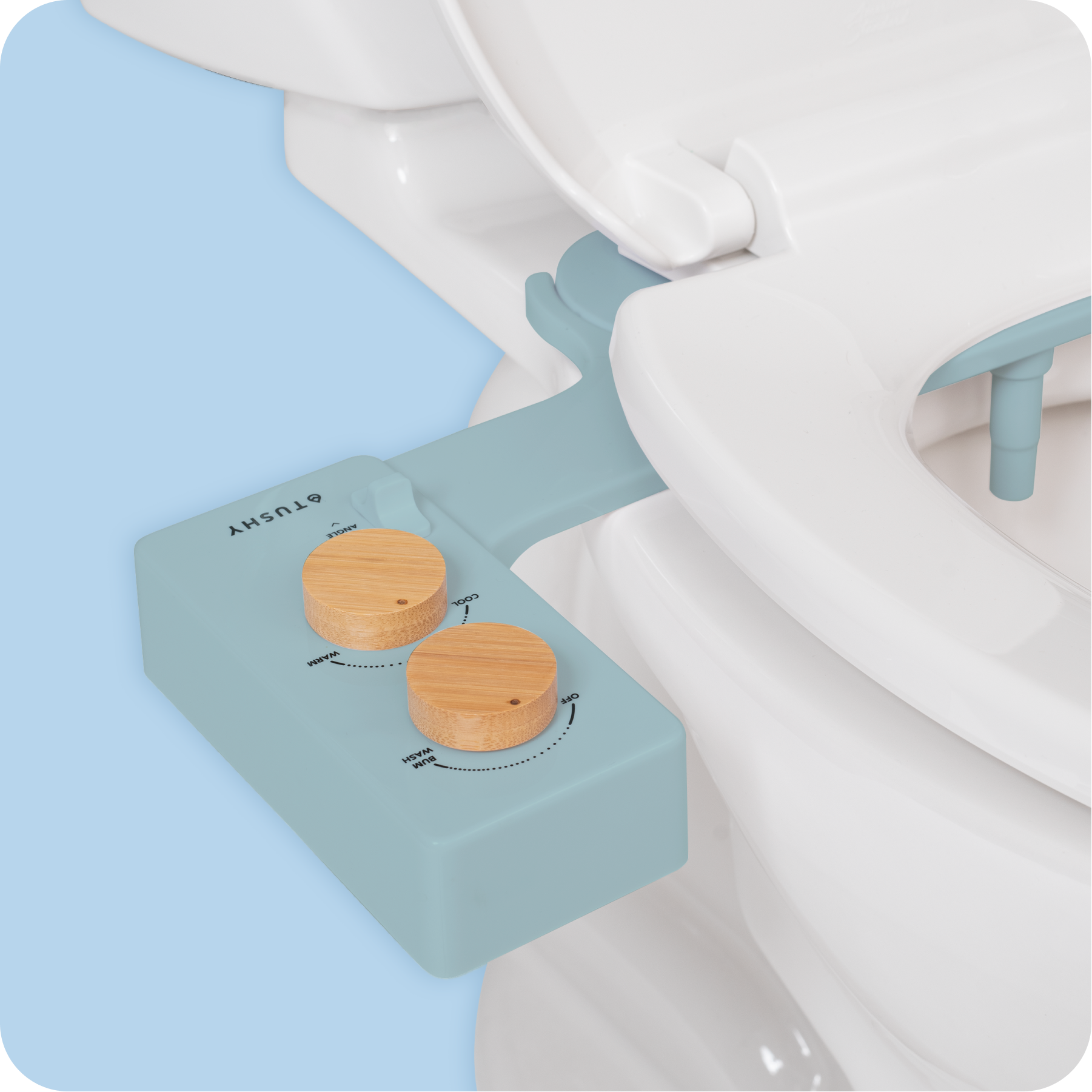 Tushy Spa 3.0 Blue/Bamboo - a warm water bidet attachment by TUSHY