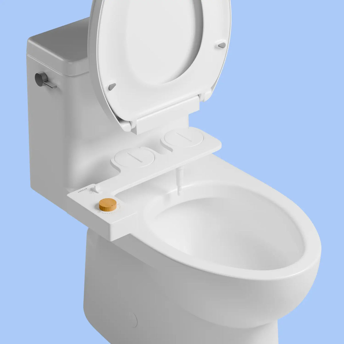 White toilet with open lid and a hovering CLASSIC bidet attachment on a light blue background