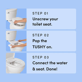 Instructions for using a product labeled 'TUSHY' on a toilet with step-by-step text on a blue background. 
Step 1 - Unscrew your toilet seat.
Step 2 - Pop theTUSHY on.
Step 3 - Connect the water & seat. Done!