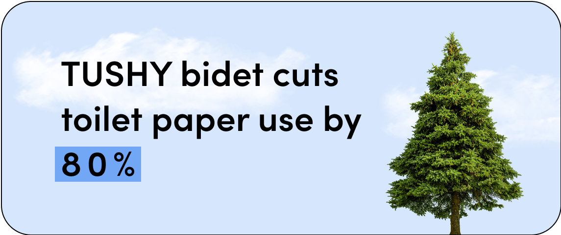 Graphic reading "TUSHY bidet cuts toilet paper use by 80%" With an image of a tree