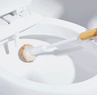 Animation of a Tushy toilet brush scrubbing the inside of a toilet