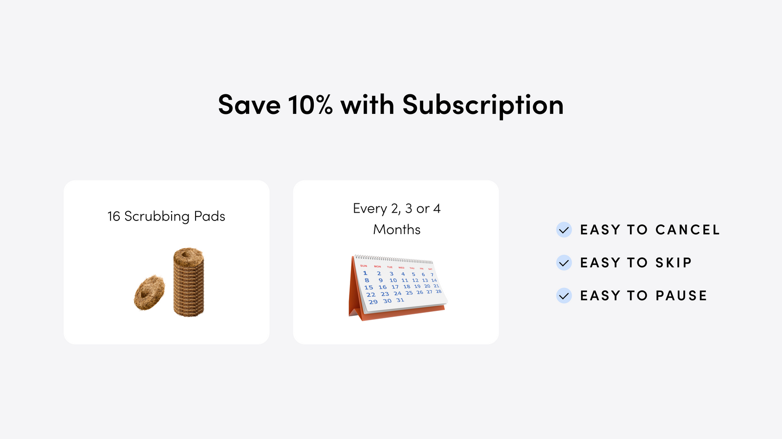 Promotional graphic for a 10% off subscription offer with 16 scrubbing pads every 2, 3 or 4 months.  Easy to cancel. Easy to Skip. Easy to Pause.