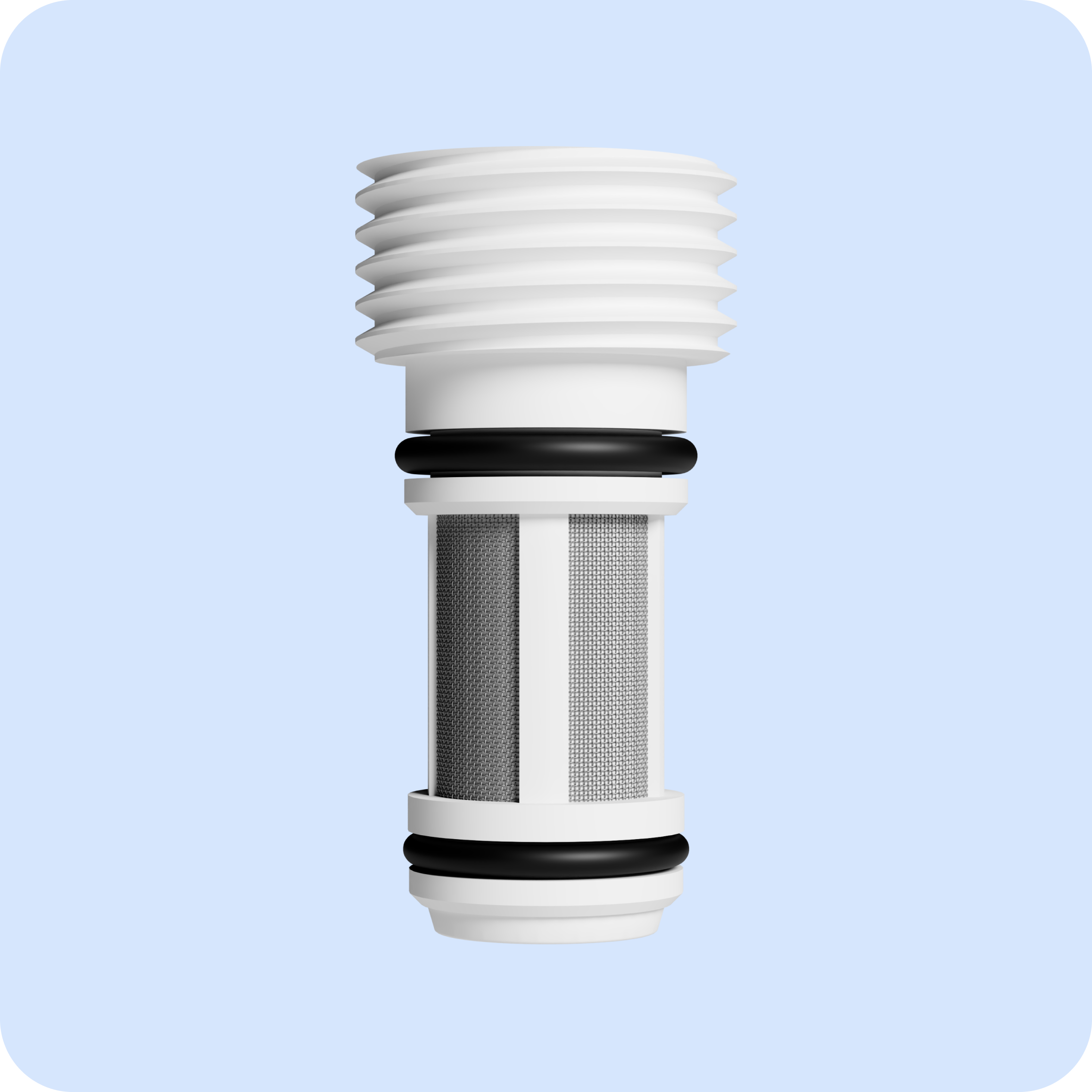 White and black cylindrical filter on a light blue background