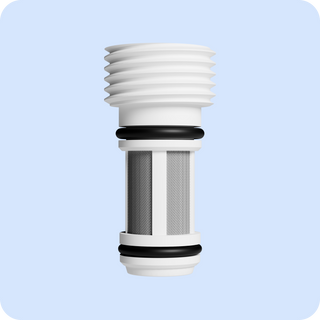 White and black cylindrical filter on a light blue background