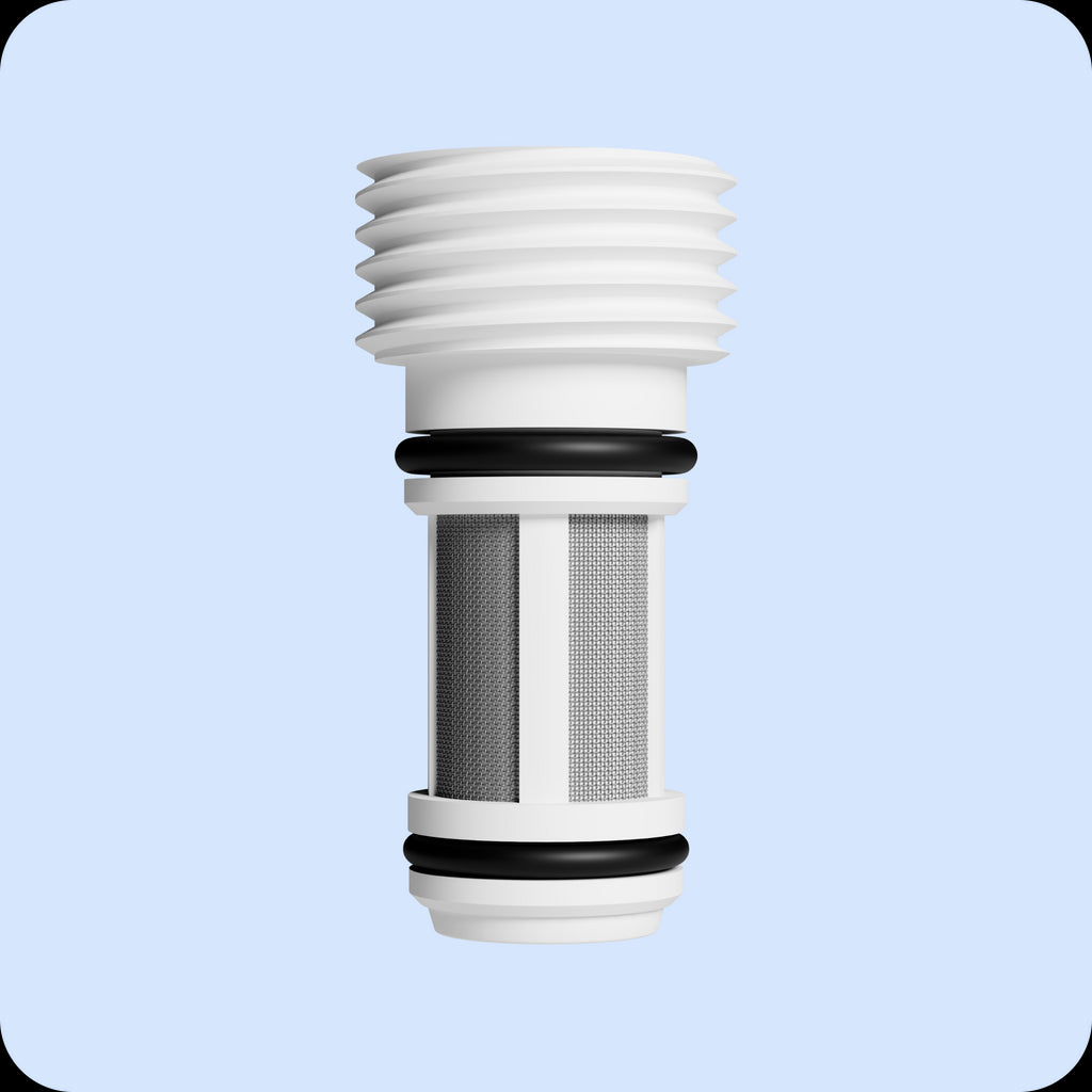 White and black cylindrical filter on a light blue background