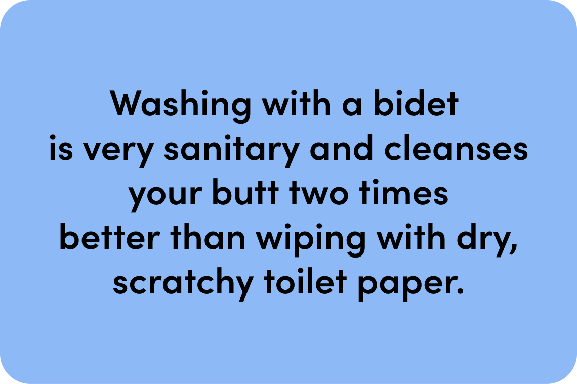 A graphic with text "Washing with a bidet is very sanitary and cleanses your butt two times better than wiping with dry, scratchy toilet paper."