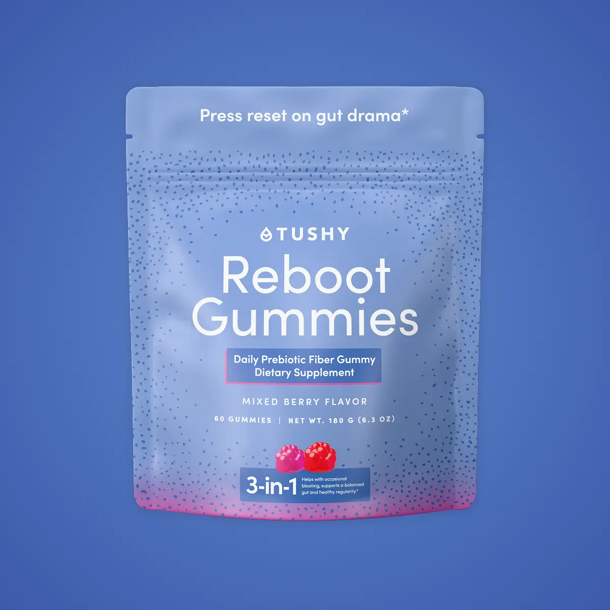 Pouch of Reboot Fiber Gummies in mixed berry flavor, containing 60 gummies, dietary supplement information visible.