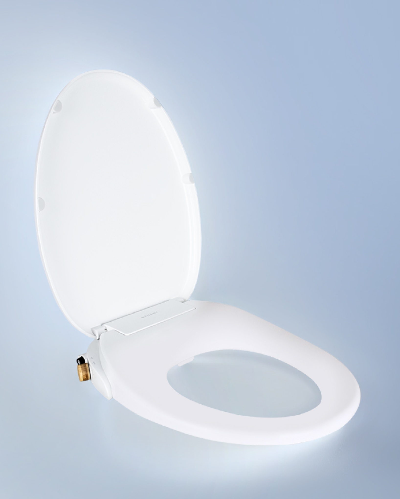 White toilet seat with integrated bidet, displayed against a light blue background.