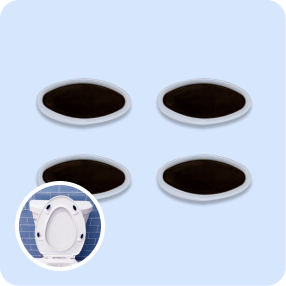 Four oval toilet seat bumpers with a black surface and white edges.