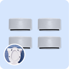 Four gray toilet seat bumpers with a black adhesive backing.