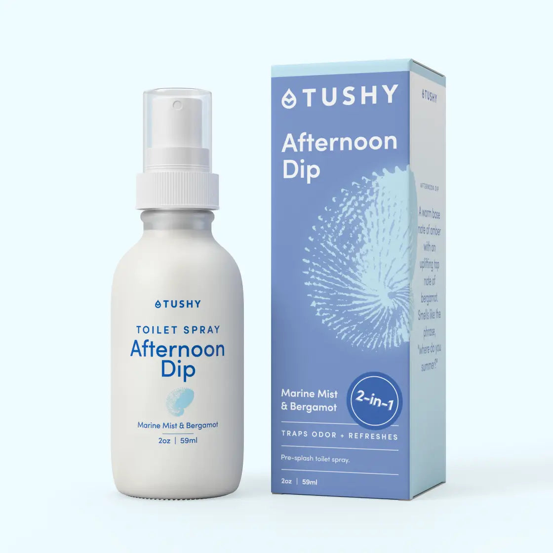 Tushy Afternoon Dip toilet spray bottle and packaging on a white background