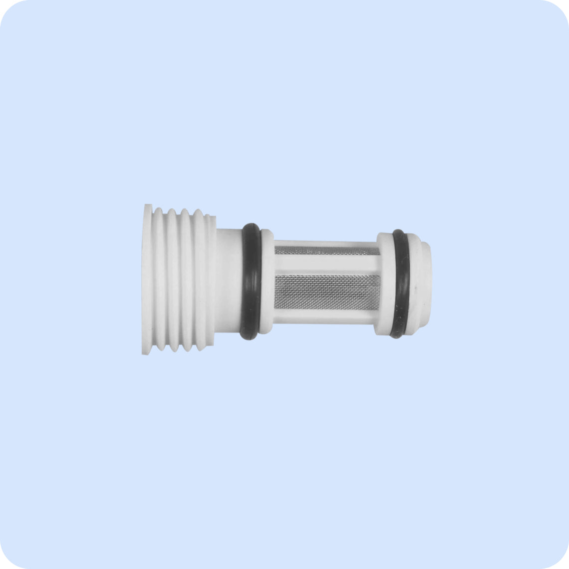 Plumbing fitting with a mesh filter on a light blue background