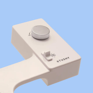 Biscuit 'TUSHY' Classic console, with a platinum pressure control knob, on a light blue background