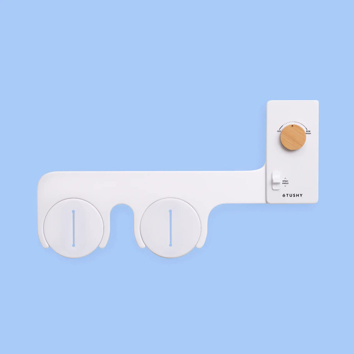 White 'TUSHY' Classic, with a bamboo pressure control knob, on a light blue background