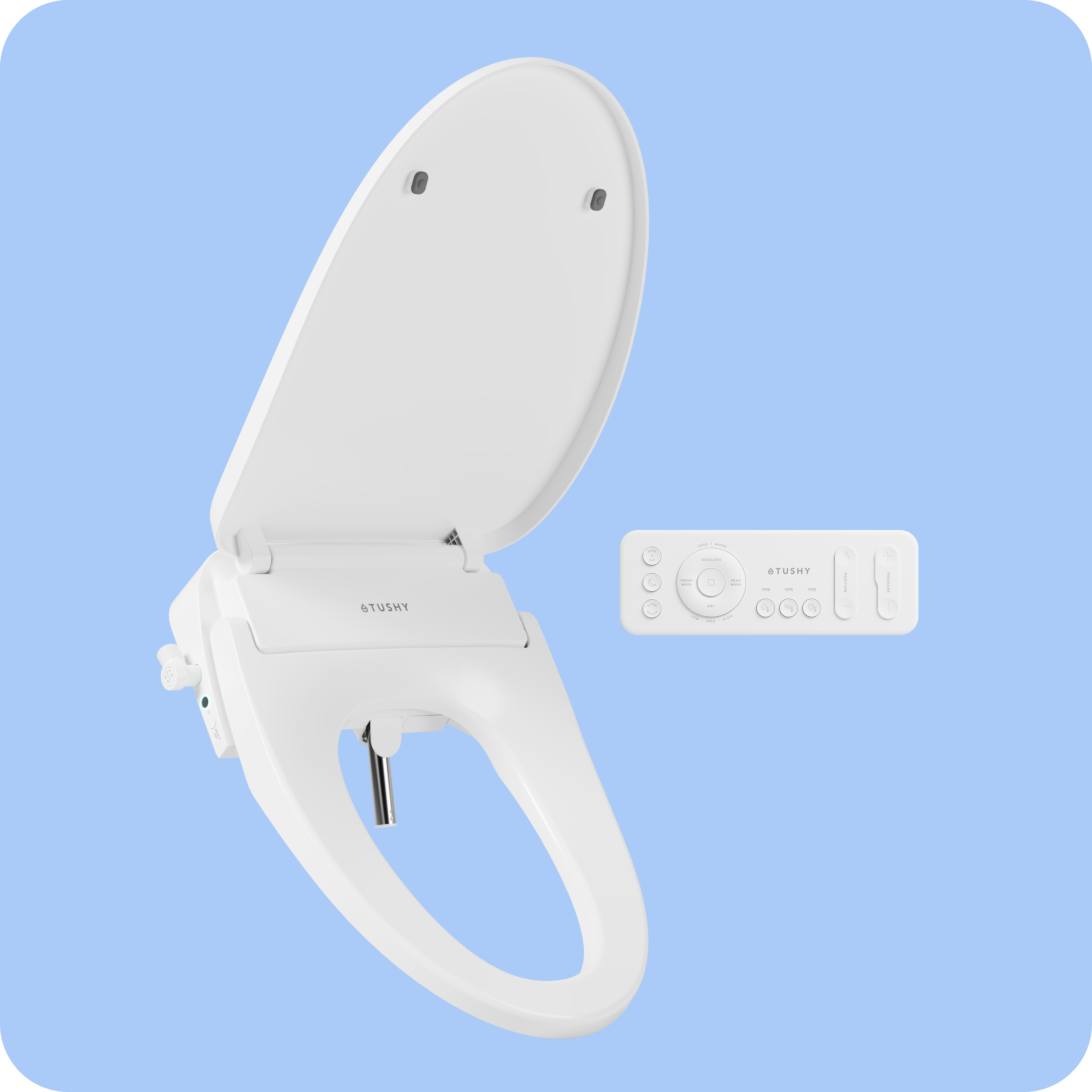 White electronic toilet seat with control panel on a light blue background