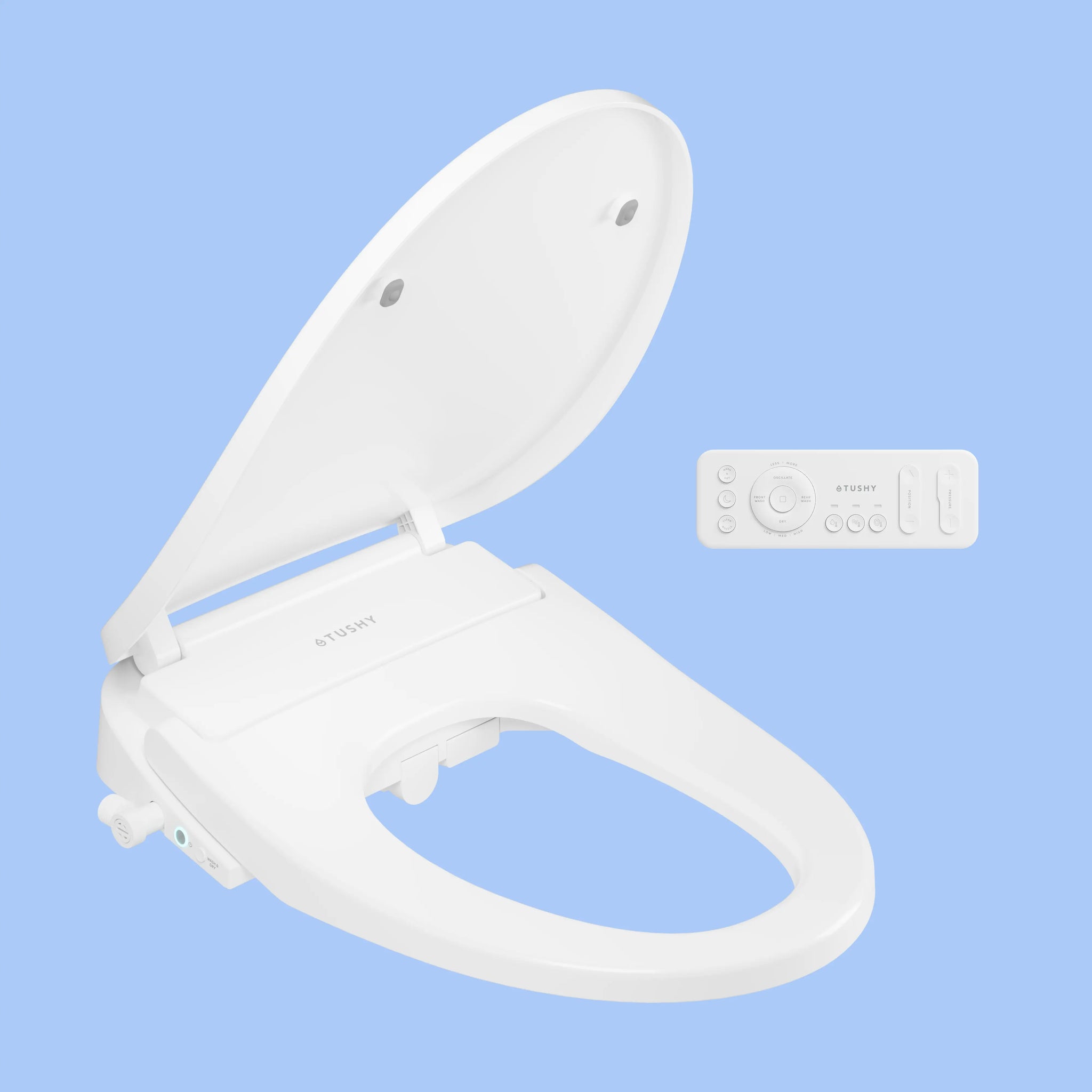 White TUSHY Cloud+ bidet seat, with remote control, on a blue background