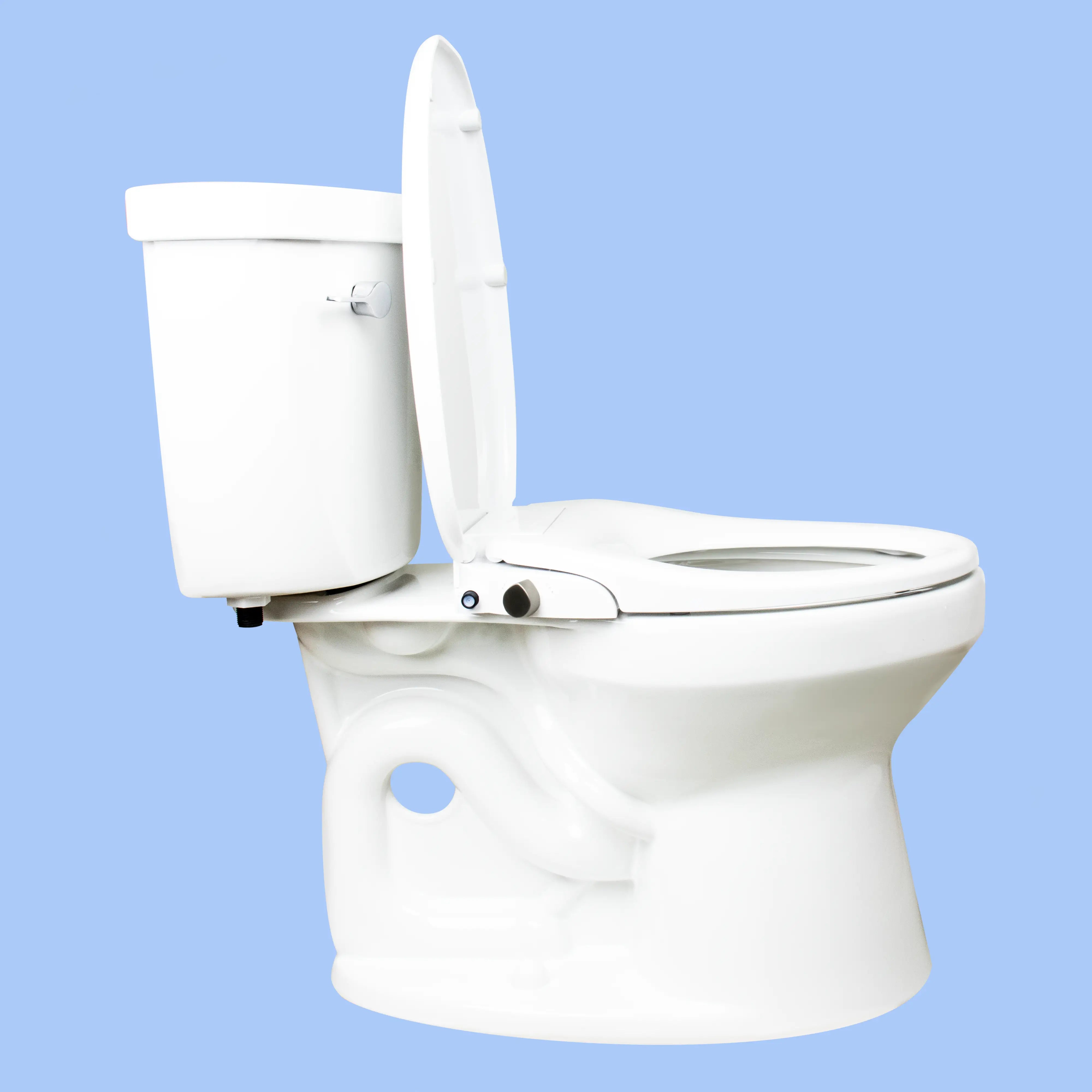 Side view of a toilet with a TUSHY Oasis bidet seat, lid open, with a platinum control knob, on a blue background 