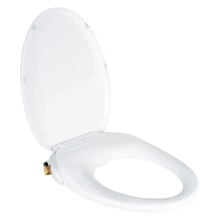 White TUSHY Wave bidet seat, with a bamboo knob, on a blue background