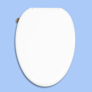 Top down, closed lid, elongated TUSHY Wave with a bamboo control knob, on a blue background.
