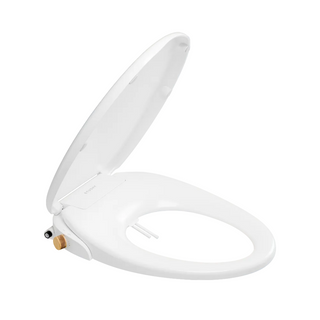 White TUSHY Wave bidet seat, with a bamboo knob, on a blue background