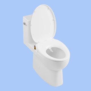 3/4 view of a toilet with a TUSHY Wave bidet seat, lid open, with a bamboo control knob, on a blue background 