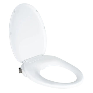 White TUSHY Wave bidet seat, with a platinum knob, on a blue background