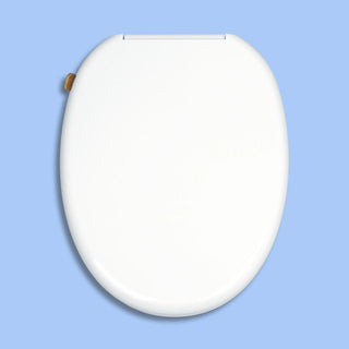 Top down, closed lid, round TUSHY Wave with a bamboo control knob, on a blue background.