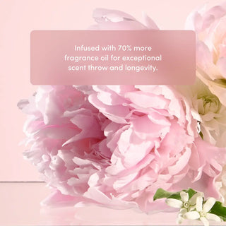 Pink flowers with text overlay on a light pink background with text "Infused with 70% more fragrance oil for exceptional scent throw and longevity."