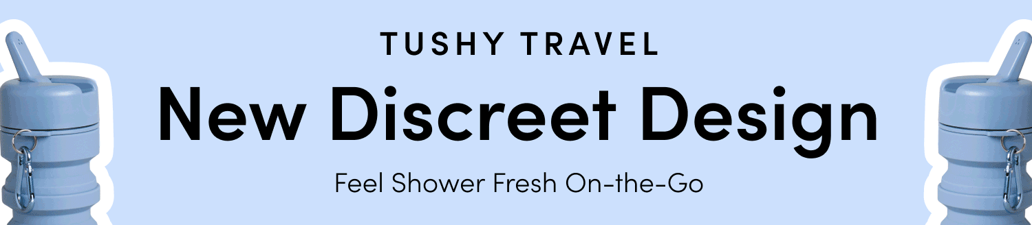 TUSHY Travel - New Discreet Design. Feel Shower Fresh On-the-Go - animation of 2 TUSHY travels rotating through each color