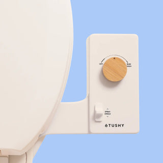 Biscuit Tushy Classic console with a bamboo knob, on a light blue background