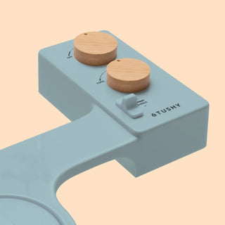 Control panel with two wooden knobs and a spray angle adjustment switch on a light blue device.