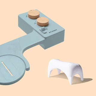 A light blue bidet attachment with wooden knobs and a white footstool.