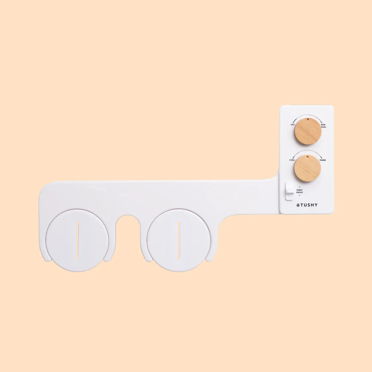 White bidet attachment with two circular controls and wooden knobs for adjusting water pressure and temperature.