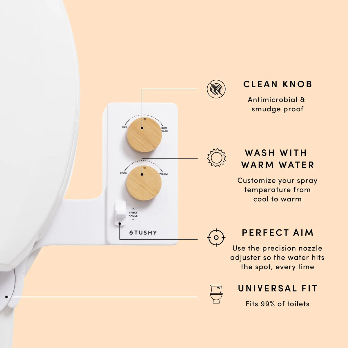 Stushy spray nozzle with features listed on a peach background