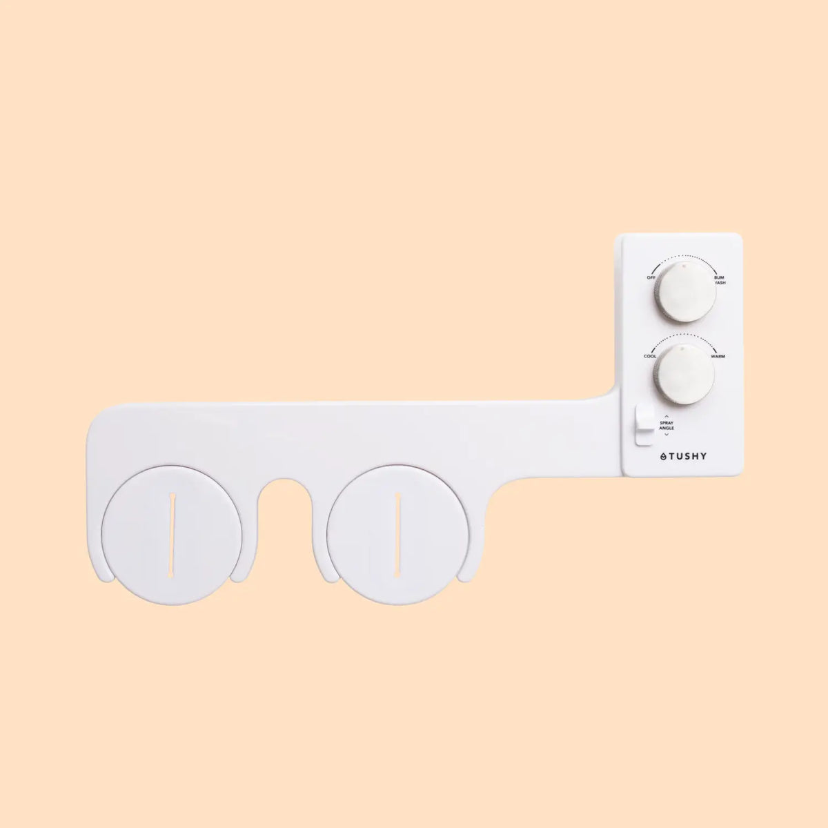 White bidet attachment with two circular nozzles and control knobs on the side for water pressure and temperature adjustment.