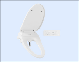 Tushy Cloud, full seat bidet and control panel close up on a light blue background