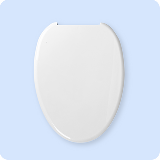 Elongated white soft-close toilet lid with a smooth surface and rounded edges.