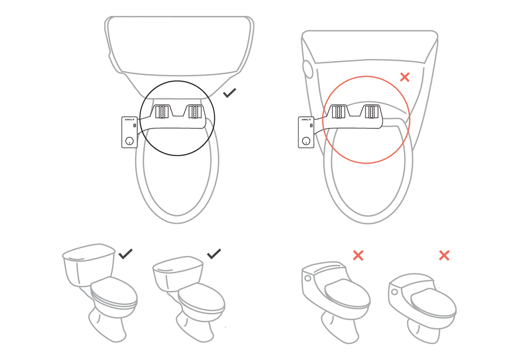 A diagram showing the correct placements and sizing of a a tushy bidet attachment. The bidet will fit on a two-piece but not one piece toilet