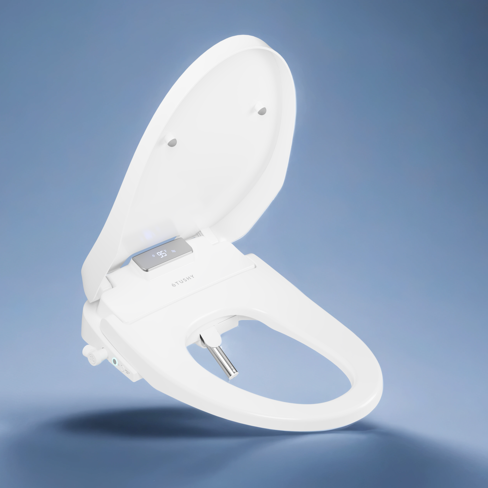 Moody photo of a Tushy Aura bidet toilet seat